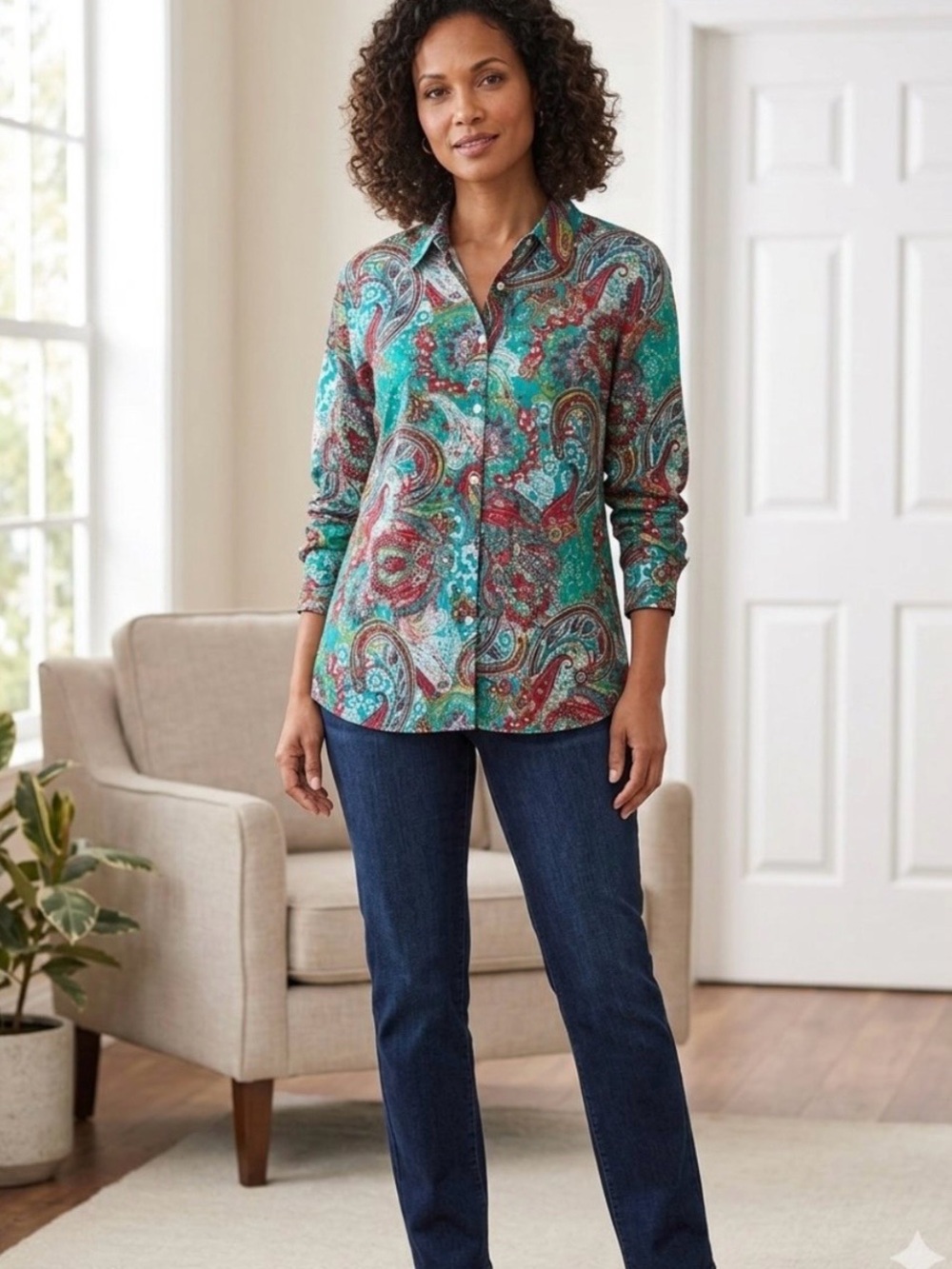 Chico's Teal Multi Paisley Button-Front Shirt
